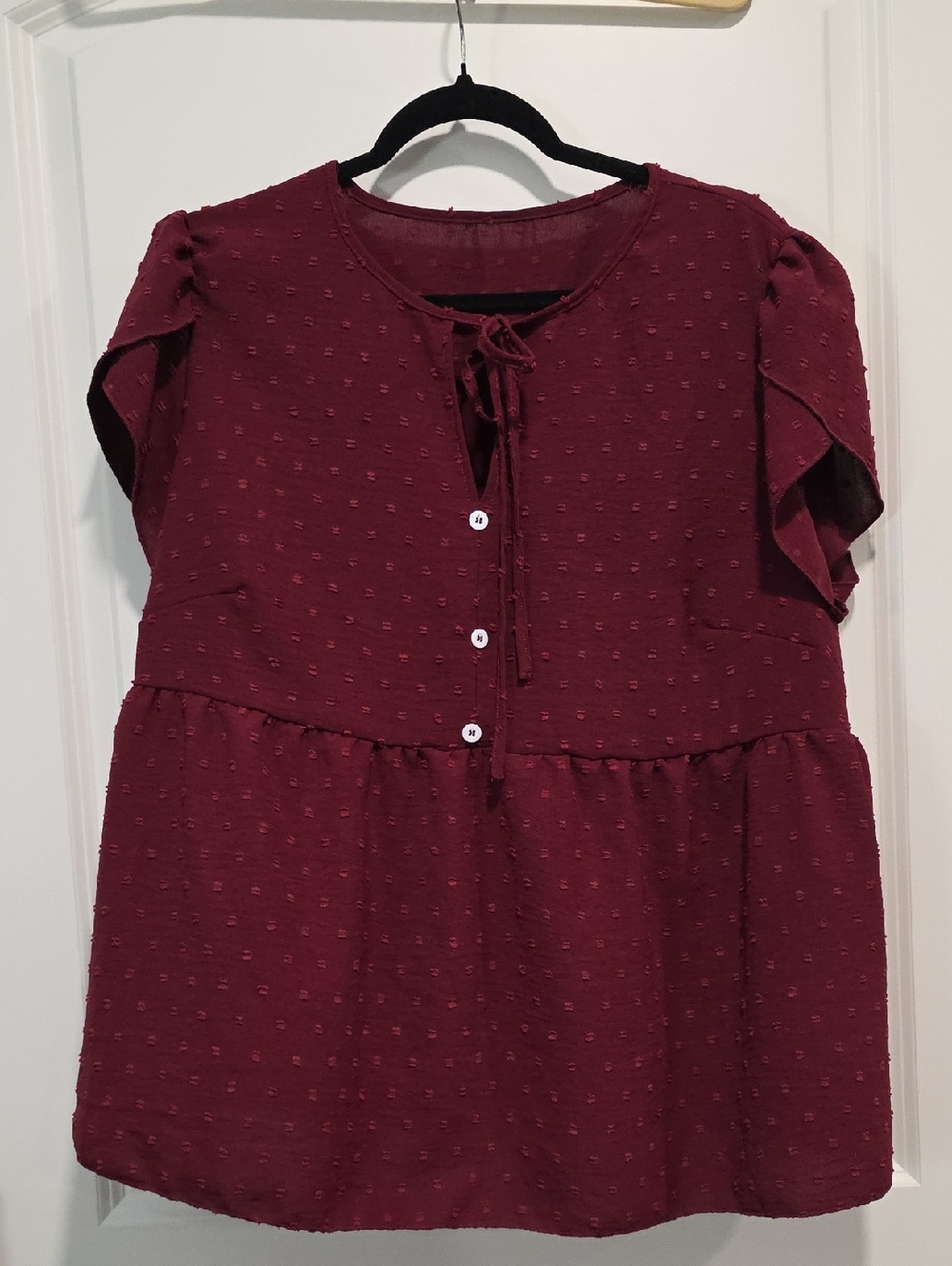SHEIN Burgundy Textured Tie-Front Flutter Sleeve Blouse